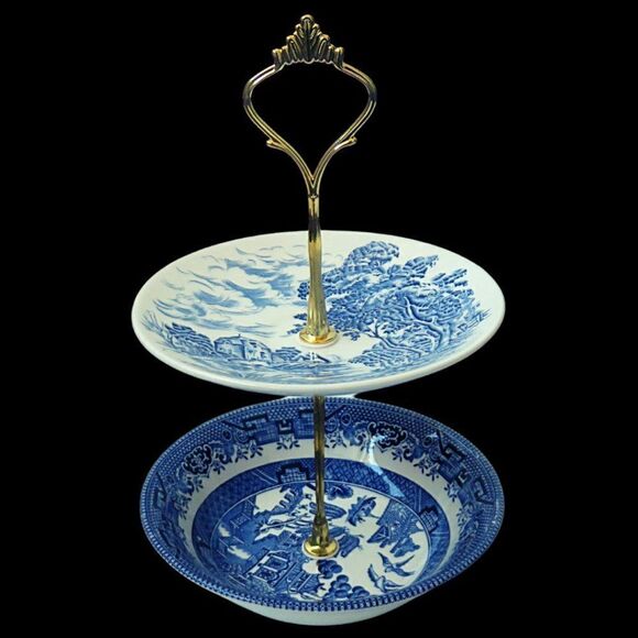 Vintage MINI BLUE PLATE Dessert Candy STAND 2-Tier - Picture 2 of 2